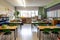 classroom with clean and organized desks, chairs, and bookshelves