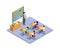 Classroom concept. Isometric school class, teacher and children on lesson. Geography, young students examination. Kids