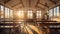 a classroom at golden hour, with the sunlight streaming through windows