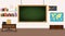 Classroom. Nobody school classroom interior with teachers desk and blackboard. Front Class Background