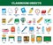 Classroom objects vector illustration. Labeled collection for kids learning