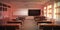 Classroom with table, chairs, panel and school cabinet.