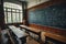 A classroom with wooden desks and a chalkboard filled with academic notes and diagrams, Empty classroom with a blackboard covered