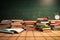 A classrooms wooden counter holds a collection of perspective themed books