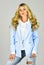 Classy and chic. Girl confident lady formal jacket hoodie and denim jeans. Gorgeous and stylish. Impeccable style