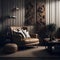 Classy Clean Living Room Interior, Large Wood Panel Art On Wall, Cozy Sofa, Green Plants, Decoration, Side table, Soft Light