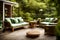 Classy furniture on wooden terrace in green beautiful garden Generated AI
