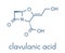 Clavulanic acid beta-lactamase blocker drug molecule. Often combined with beta-lactam class antibiotics. Skeletal formula.