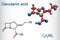 Clavulanic acid Î²-lactam drug molecule. Structural chemical formula and molecule model