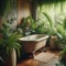 A clawfoot bathtub surrounded by plants in a nature-inspired bathroom