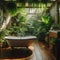 A clawfoot bathtub surrounded by plants in a nature-inspired bathroom