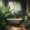 A clawfoot bathtub surrounded by plants in a nature-inspired bathroom