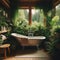 A clawfoot bathtub surrounded by plants in a nature-inspired bathroom