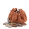 Clay bag with moneÑƒ and coins isolated on a white background. Investment or growth concept