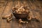 A clay bowl and wild mushrooms scattered on the table