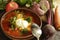 Clay brown plate and spoon with red borsch with sour cream on a table near vegetables and meat