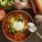 Clay brown plate and spoon with red borsch with sour cream on a table near vegetables and meat