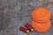 Clay disc flying targets and shotgun bullets on texture background ,Clay Pigeon target game