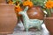 Clay figure of a handmade fantastic imaginary animal and handcrafted ceramic bowls on sale