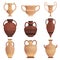Clay jug. Ancient amphora with pattern greek cup and other vessel vector cartoon pictures isolated