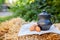 Clay jug and chicken eggs on straw in garden. Milk in clay jug. Organic product. Concept natural products, healthy food. Stilllife