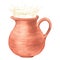 Clay jug with splashes of milk. Watercolor illustration. Ceramics, earthenware, pottery. Isolated on a white background