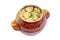 Clay pot with baked potatoes, meat, mushrooms and beans