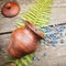 Clay pot with organic, wild blueberries and fern leave on a wooden table