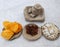clay pot with snackes or food. Tiny clay kitchen set. Kids' toys are made of clay. Making small toys with soil for playing.