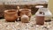 Clay pots arranged in a row as a decoration, an ornament in the garden