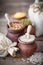 Clay pots filled with rice, green mung, corn and buckwheat