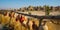 Clay pots with inscriptions are on the fence. Horse farm.View of the rocks in the valley near the city of Goreme in Cappadocia,