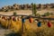 Clay pots with inscriptions are on the fence. Horse farm.View of the rocks in the valley near the city of Goreme in Cappadocia,