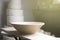 Clay products, ceramic dishes on a shelf in a pottery workshop. Subdued light and creative atmosphere