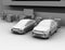 Clay rendering of electric SUV and self-driving sedan in car share parking lot