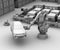 Clay rendering image of heavyweight robotic arm carrying white SUV in the assembly factory