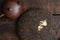 Clay teapot and black puer on wooden background. Top view