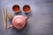 Clay teapot and cups are prepared for the traditional Asian tea ceremony.