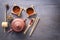 Clay teapot and cups are prepared for the traditional Asian tea ceremony.