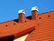Clay tile roof detail with stucco finished chimney. metal flashing.