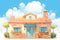 clay tile roof of light stone mediterranean house, magazine style illustration