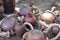 Clay utensils in the Ukrainian style. Jugs and flasks are sold in the market. Background