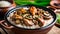 Claypot chicken and rice with mushroom on top