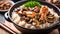 Claypot chicken and rice with mushroom on top