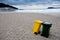 Clean beach and recycling bins.