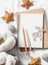 Clean blank notepad, christmas ornaments, wooden reindeer, toys, home ugg boots on a light background, top view