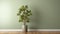 clean blank sage green wall with tropical tree in green modern design pot