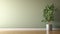 clean blank sage green wall with tropical tree in green modern design pot, baseboard on wooden parquet