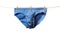 Clean blue man\\\'s briefs hanging on rope isolated on white background. Clothesline with washed underwear. Hygiene concept