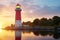 Clean blue sky frames Baltiysk port lighthouse with rainbow brilliance